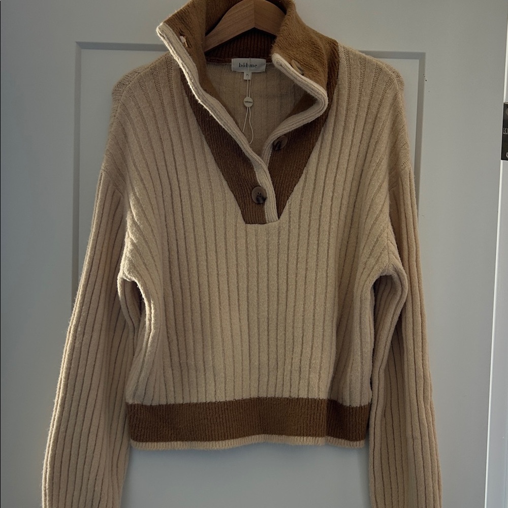 Bohme Cream and Brown Ribbed Turtleneck Sweater